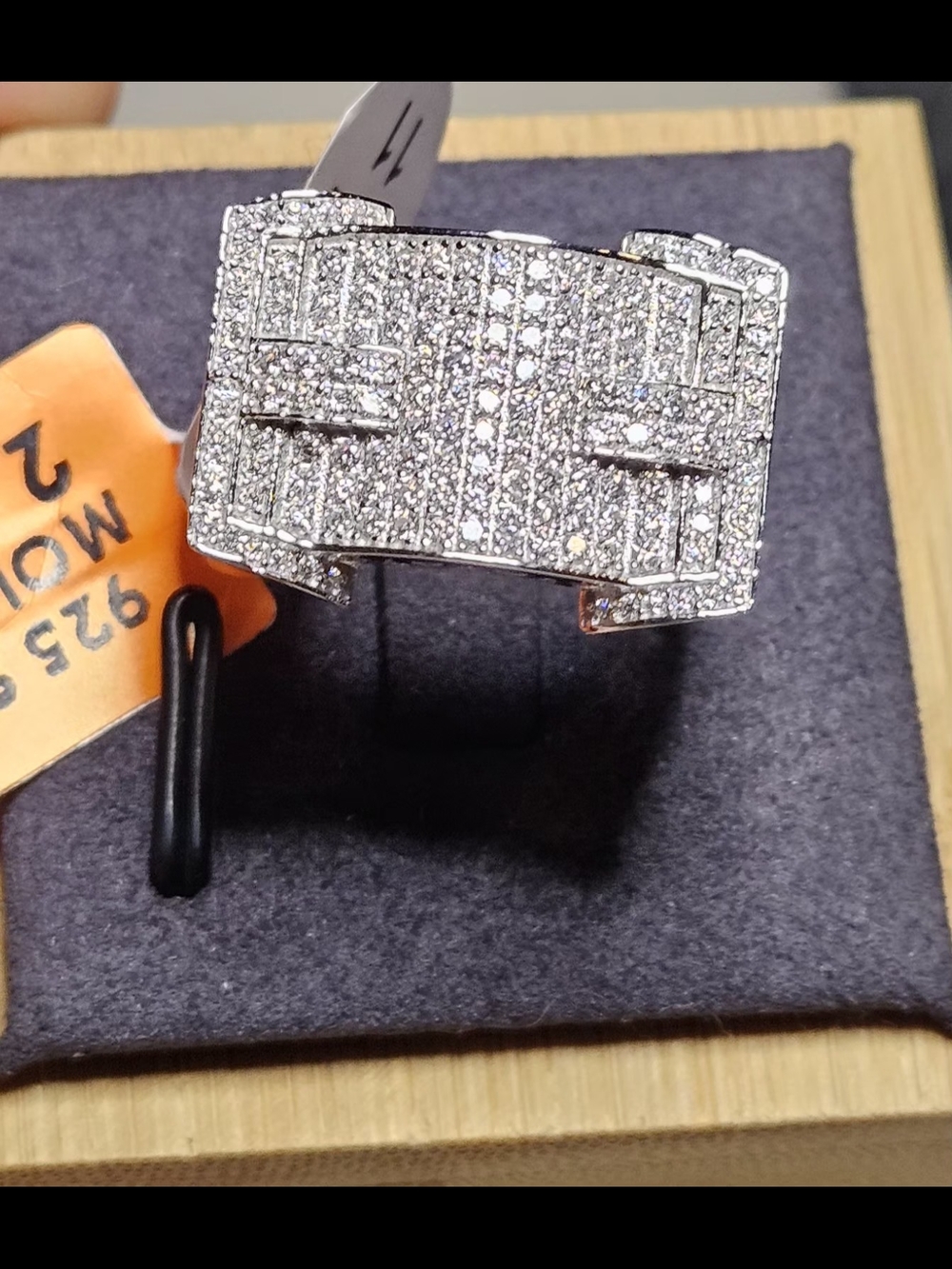 Mens Moissanite 2ct Pavé Rectangle Statement Ring in Sterling Silver